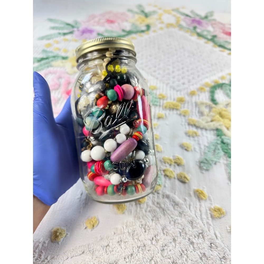 Vintage Jewelry Jar Lot Mixed Beads Necklaces Crafting Supplies Ball Mason Jar